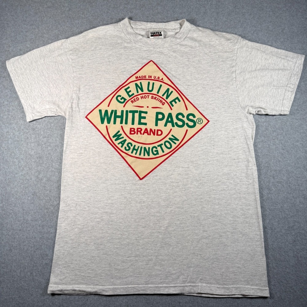 Vintage Tultex USA Made White Pass Ski T‑Shirt Men's Large Gray Single Stitch